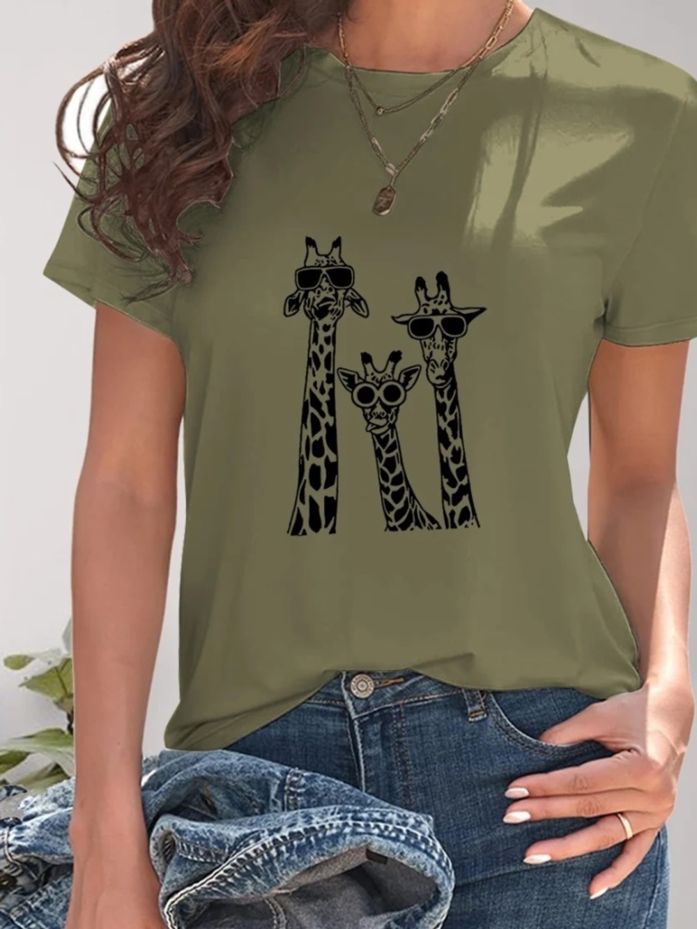 Graphic Tee with Three Giraffes Wearing Sunglasses Olive Green Size Medium